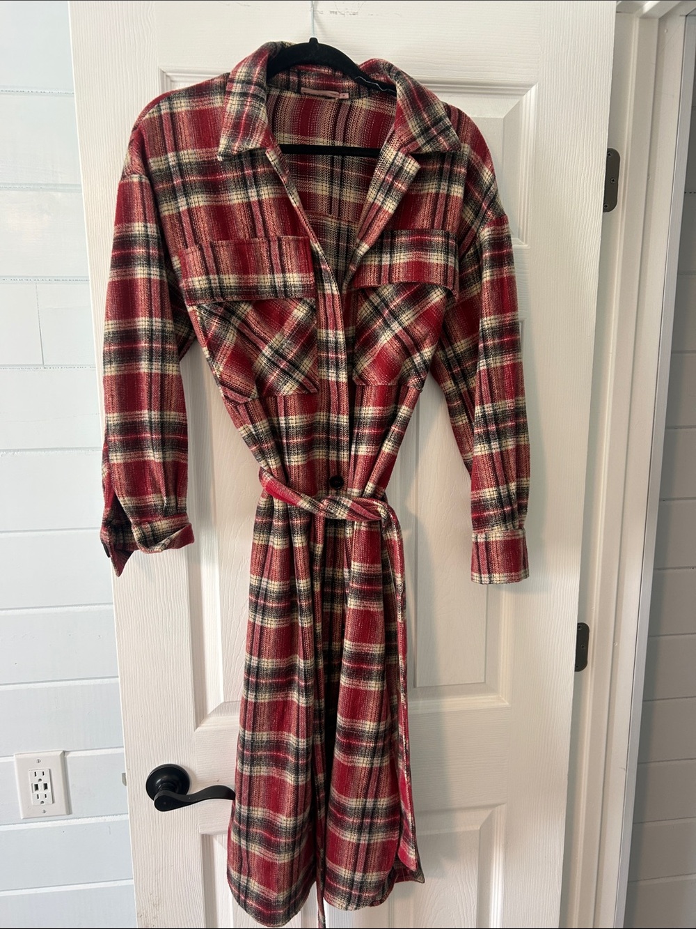 Plaid Belted Shirt Dress Jacket - Red Plaid